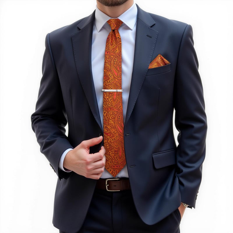 DiBanGu Paisley Ties for Men Silk Necktie and Pocket Square Cufflinks Tie Clip Set Woven Classic Mens Tie for Wedding Party, Burnt Orange - Image 2